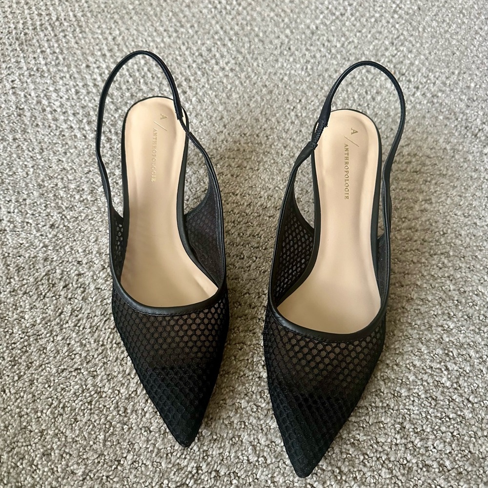 Anthropologie Black Mesh Slingback Kitten Heels